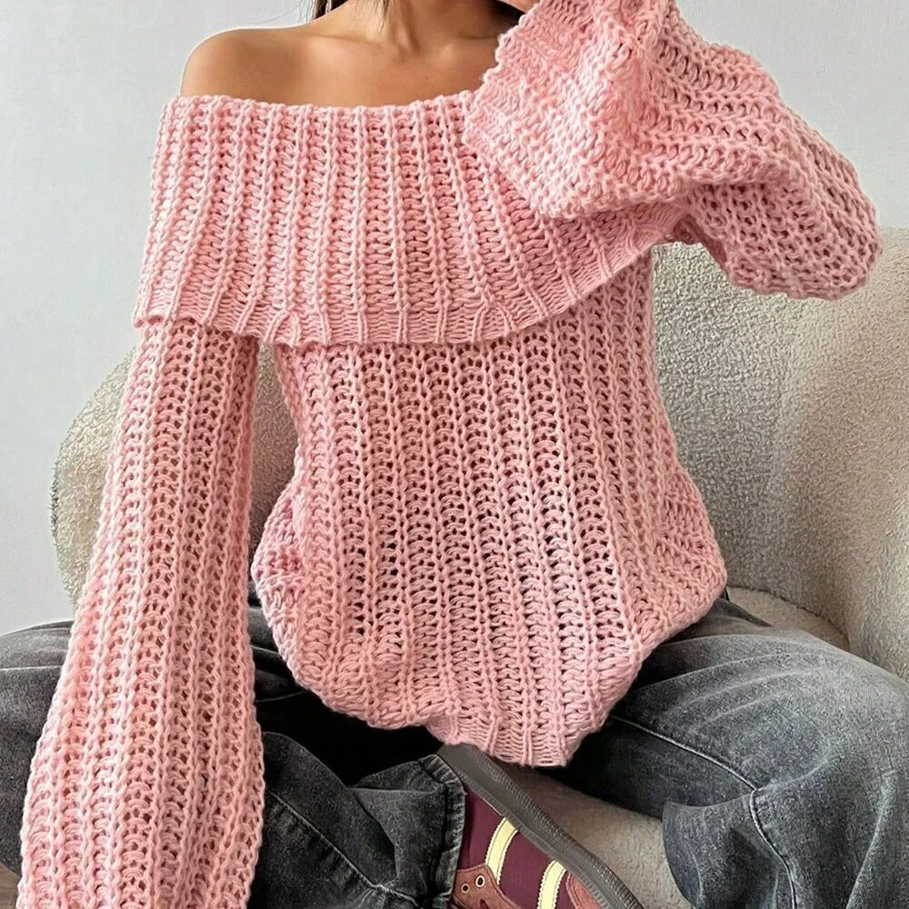 Pink Casual Women's Off-Shoulder Long Sleeve Sweater